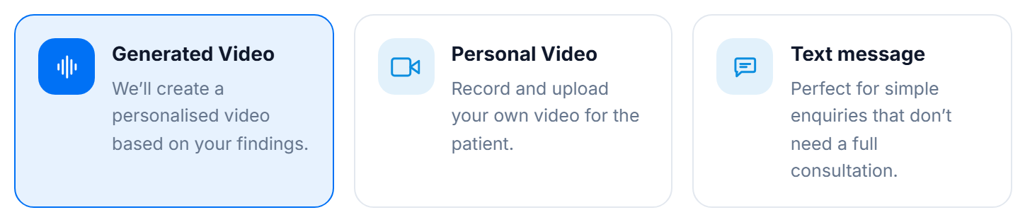 Consultation delivery options: generated video, personal video or text message