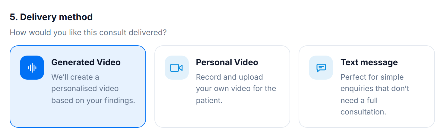 Step 5, Delivery method, on the grading screen: generated video, personal video or text message