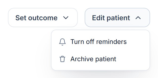 Edit patient menu for a patient sent a consult: Turn off reminders and Archive patient
