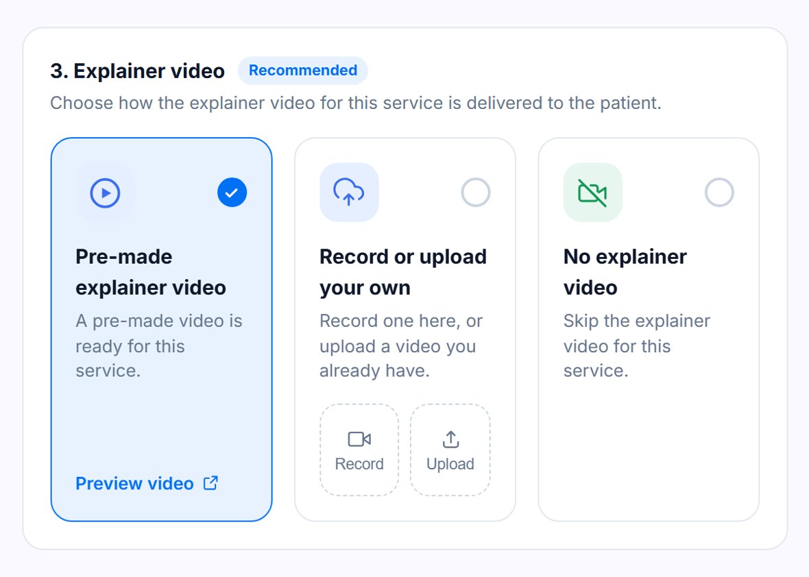 Explainer video options for a service: a pre-made explainer video, record or upload your own, or no explainer video