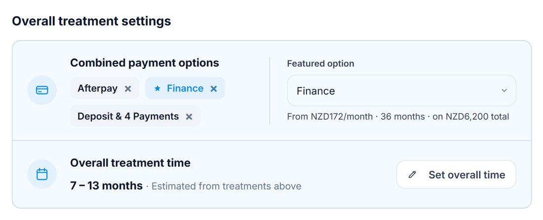 Overall treatment settings for two treatments: combined payment options, the featured finance option and overall time