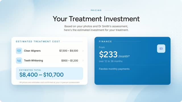 Estimated cost of clear aligners and teeth whitening in the video consultation, with the total and monthly finance