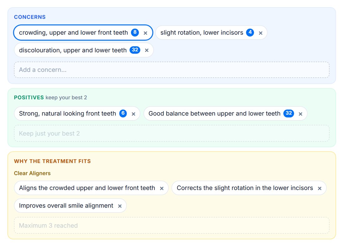 AI-drafted findings to check before sending: concerns, positives and why the treatment fits, each mapped to teeth