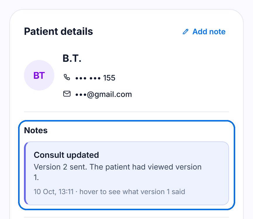 Patient details with a Notes section showing a Consult updated version note
