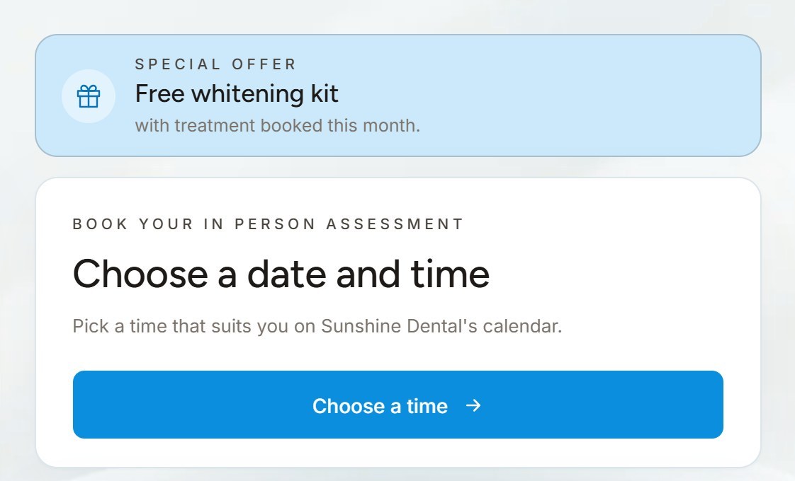 Special offer in the patient portal above the booking card: a free whitening kit with treatment booked this month