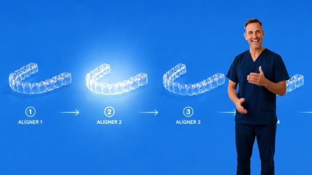 Clear aligners explainer video after the dentist's personal video, showing aligners 1 to 3