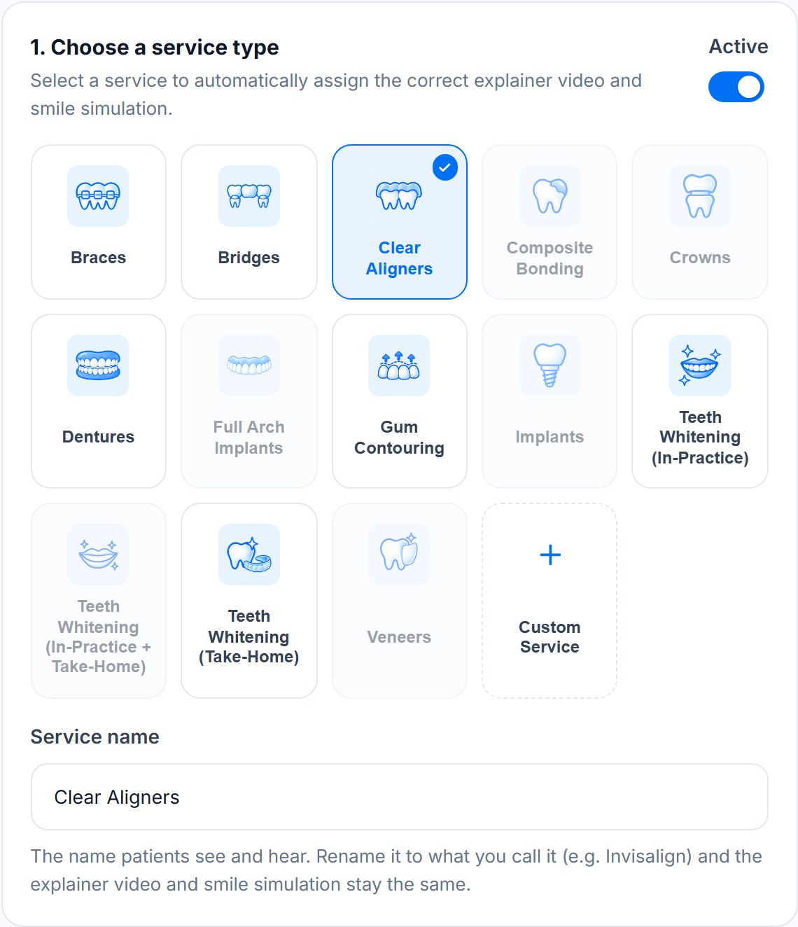 Service type presets in SmileReply, from braces and crowns to clear aligners and teeth whitening, plus Custom Service