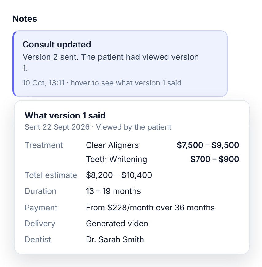 A version note opened to show what version 1 of the consult said: treatments, estimate, duration, payment and dentist